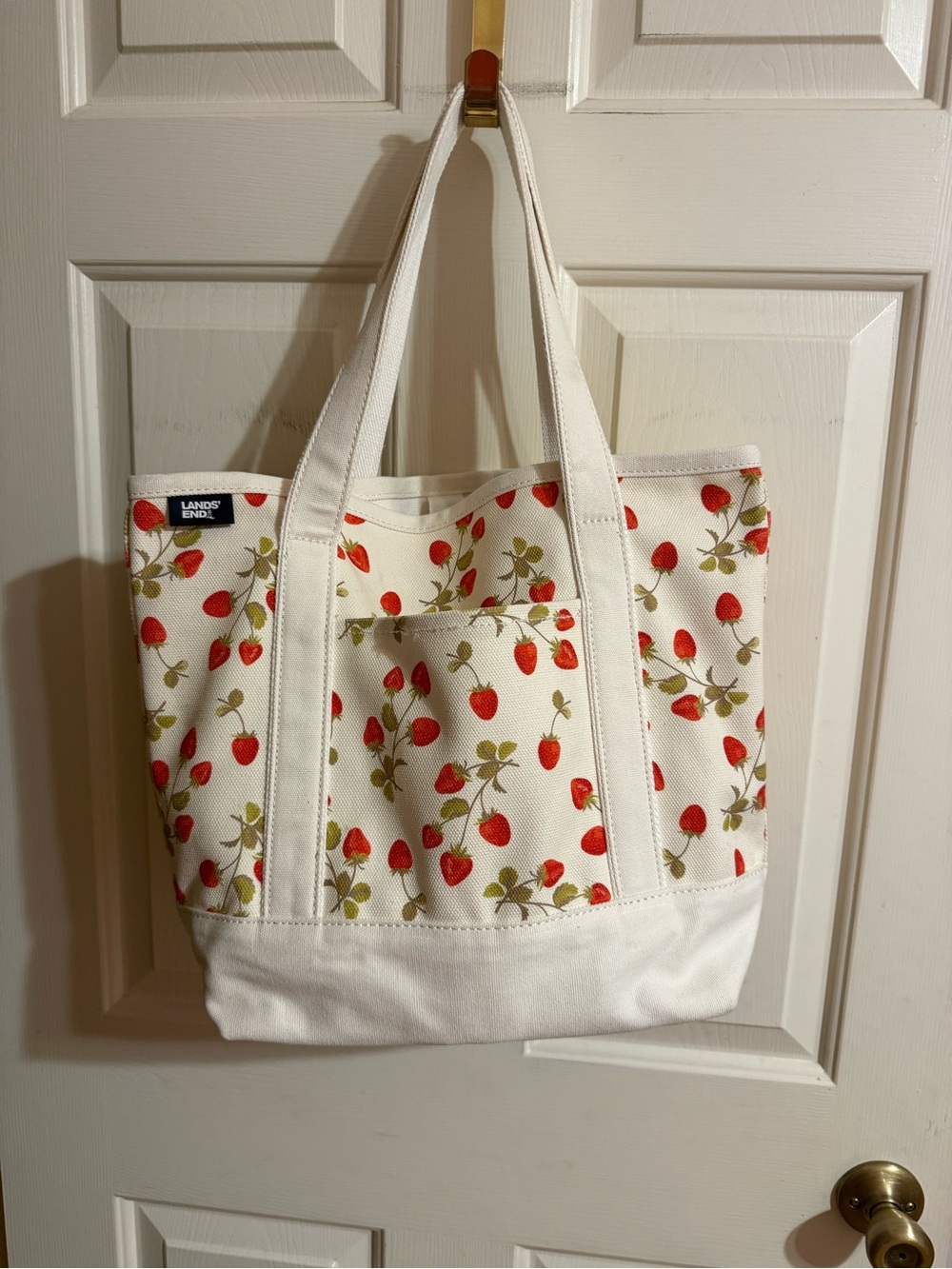 Lands' End Cream Canvas Tote with Red Strawberry Print